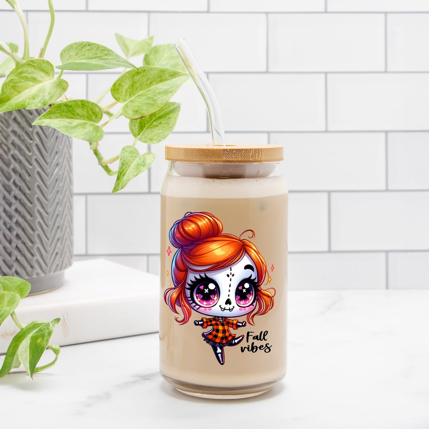 Fall Vibes Girl Glass Can