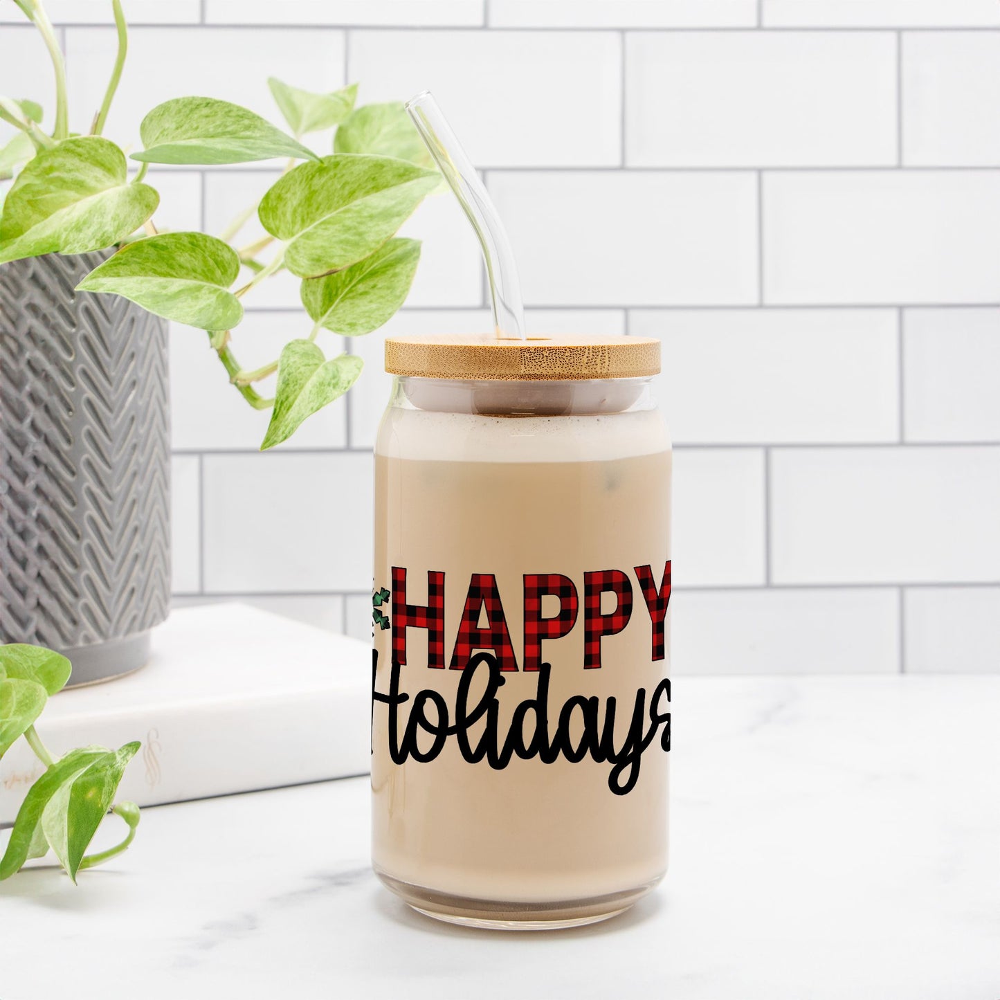 Happy Holidays Plaid Glass Can