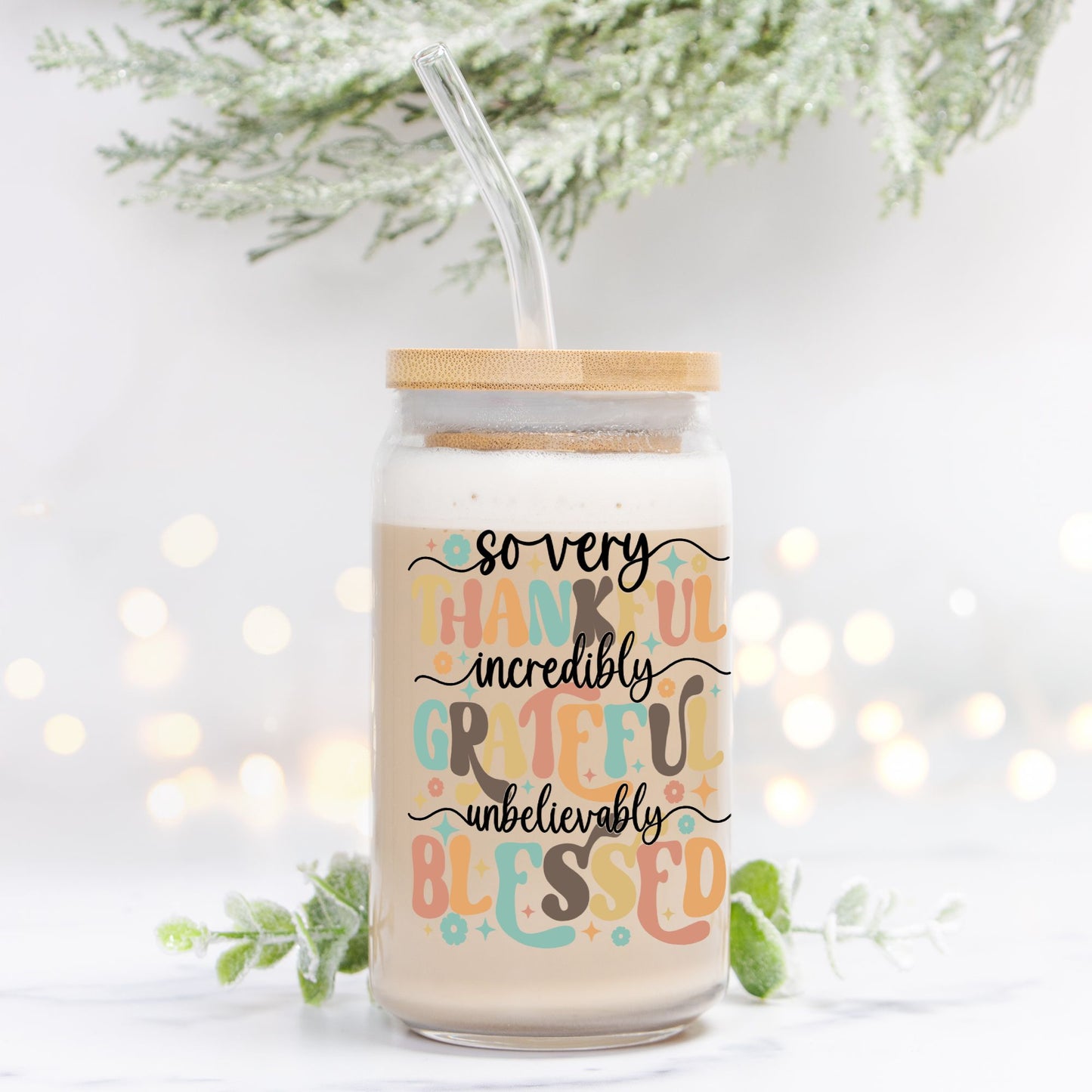 Thankful Grateful Blessed Glass Can 16oz