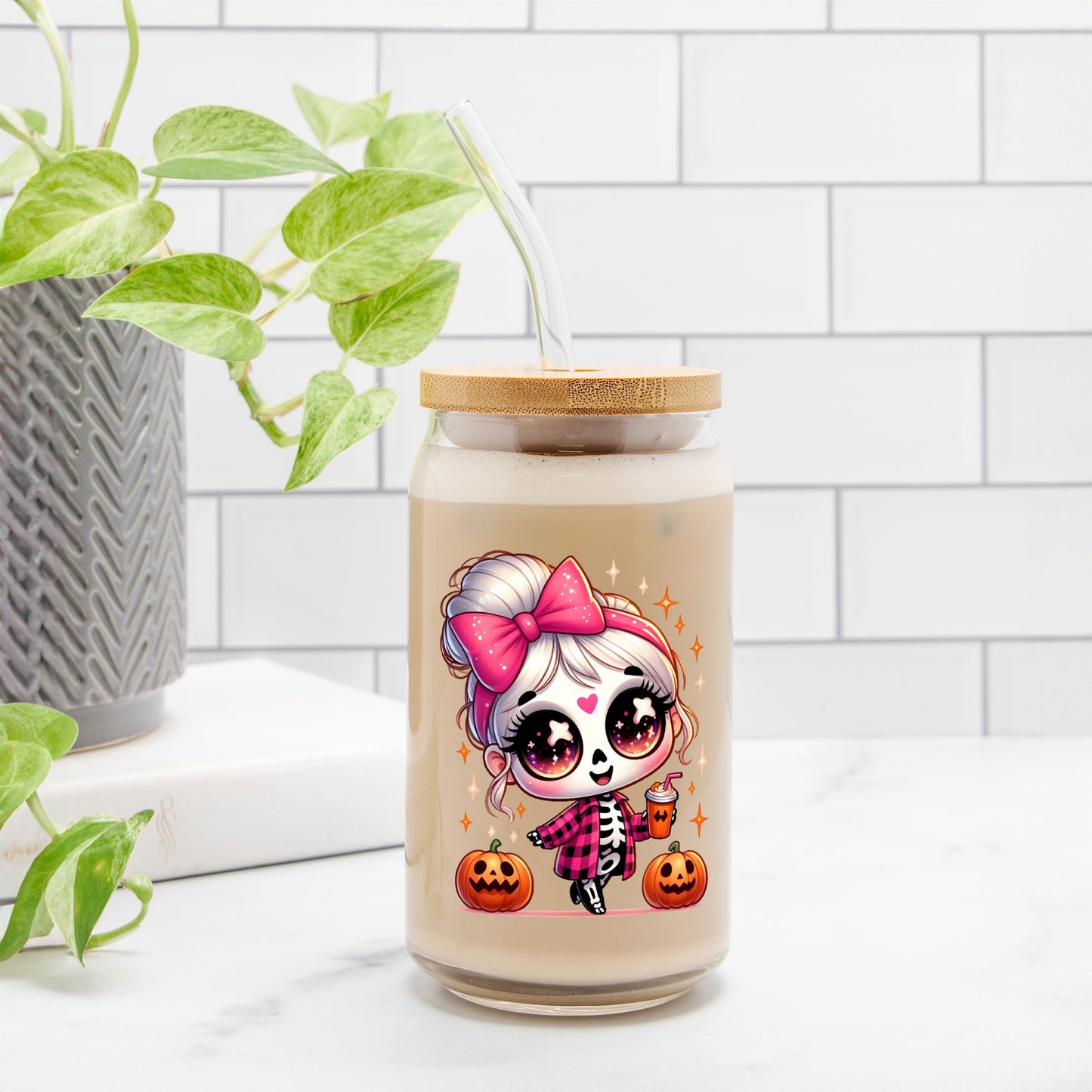 Cute Pink Halloween Glass Can