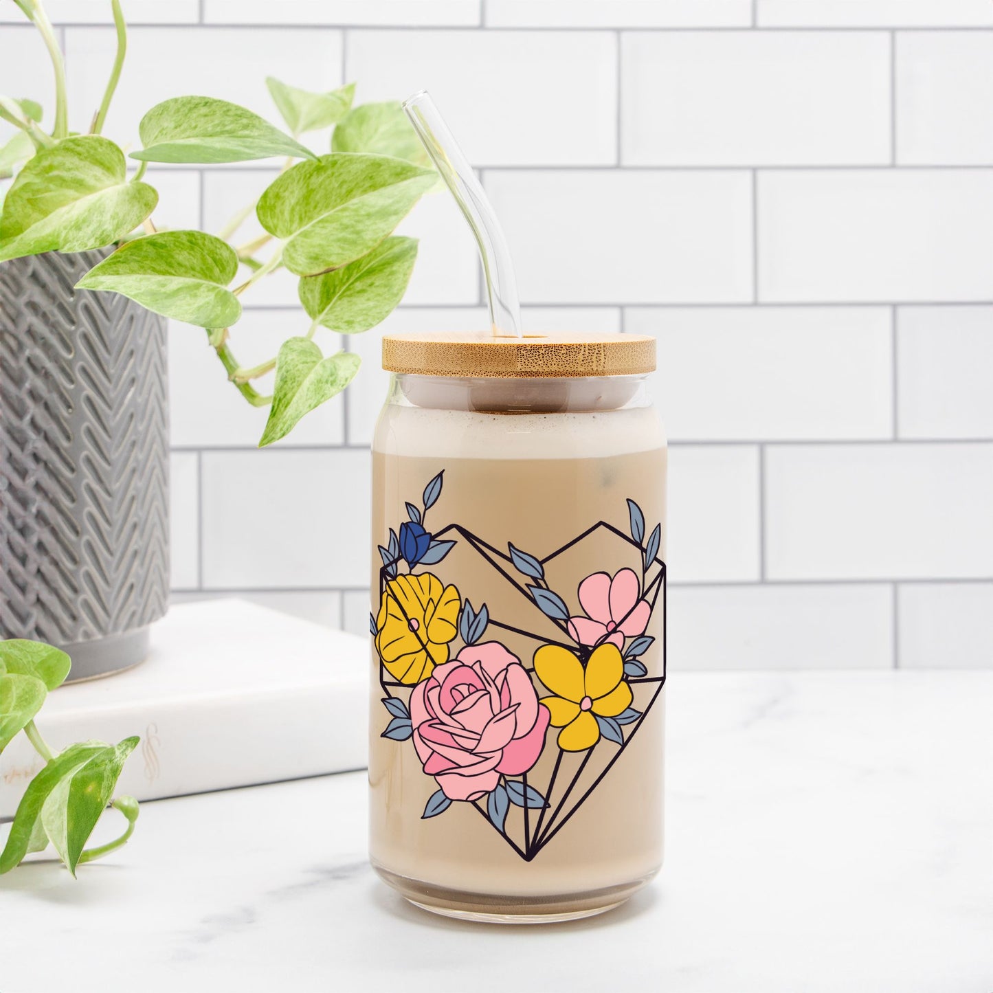Geometric Heart & Flowers Glass Can