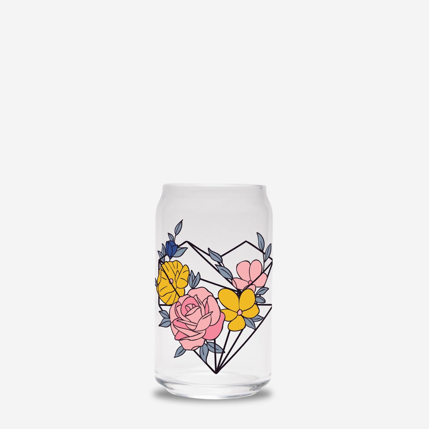 Geometric Heart & Flowers Glass Can