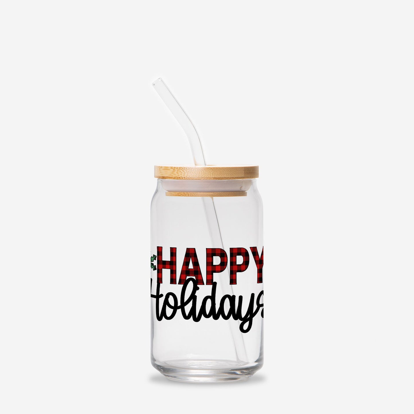 Happy Holidays Plaid Glass Can