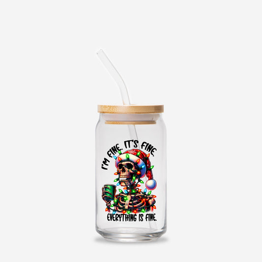 I'm Fine Christmas Skelly Glass Can 16oz