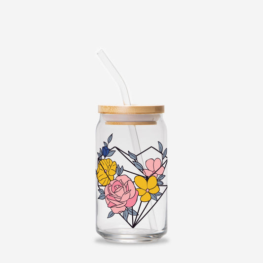 Geometric Heart & Flowers Glass Can