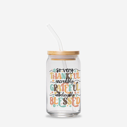 Thankful Grateful Blessed Glass Can 16oz